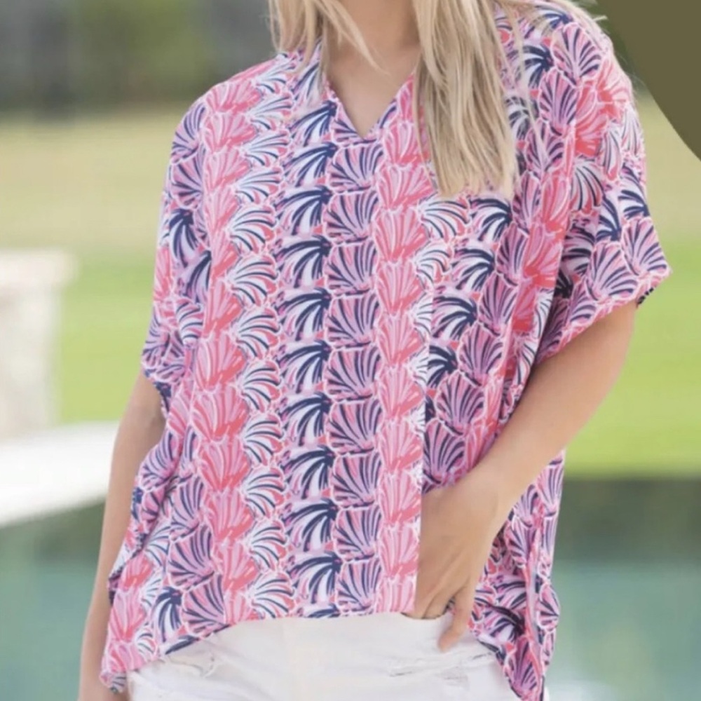 Simply Southern Drape Blouse in Pink and Navy Scallop Design